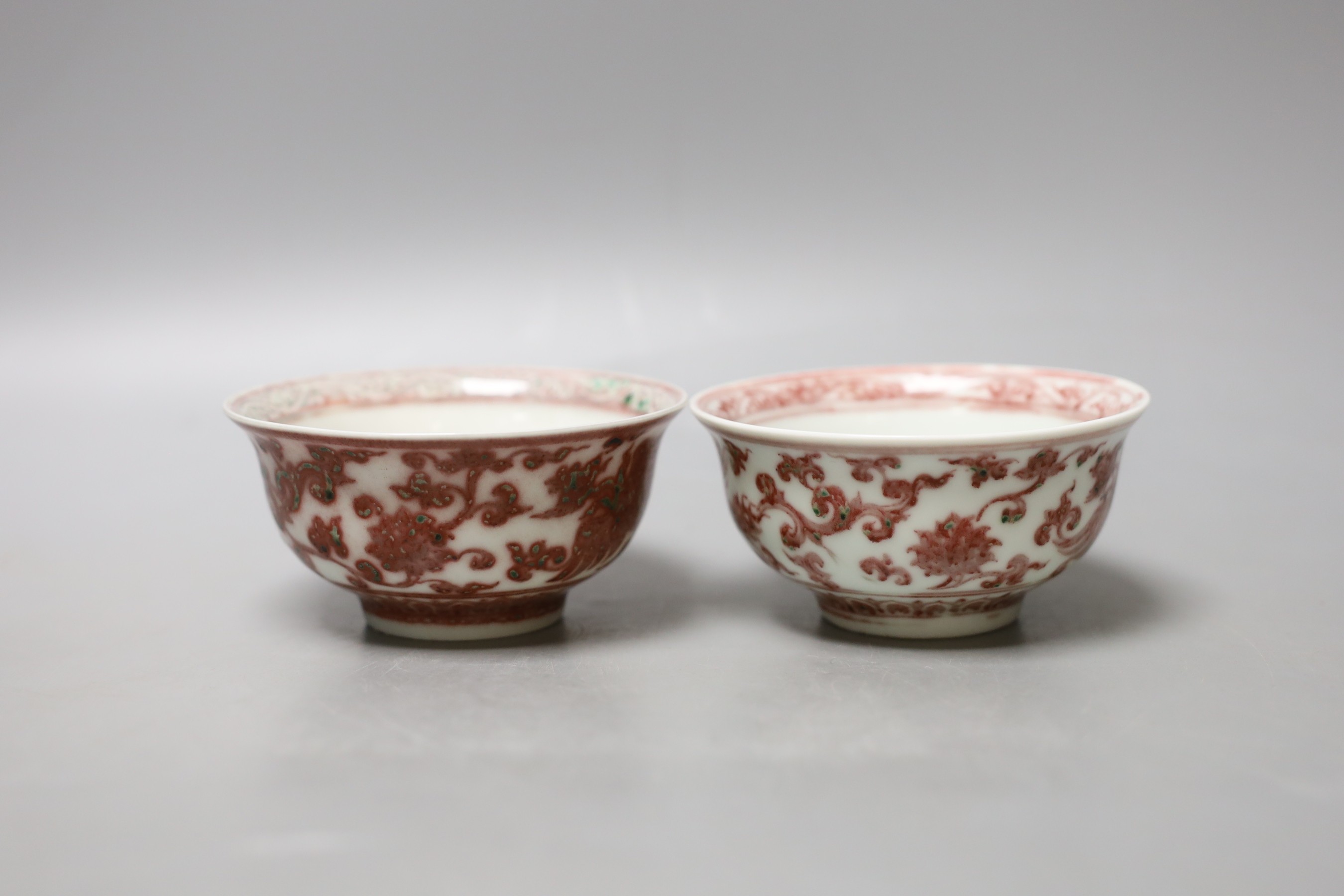 Two underglaze copper red bowls, marks to base - 5cm high